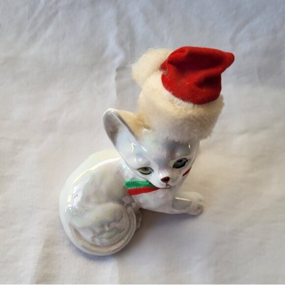Vintage Iridescent Cat Figurine Christmas Kitty with Santa Hat Enesco 80's - Picture 8 of 8